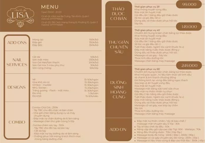 Bảng giá dịch vụ làm nail ở Lisa Nail & Spa(Nguồn: Internet)