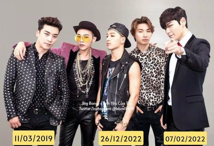 Hình ảnh BIGBANG ngày ấy kèm theo ngày thành viên rời YG (Nguồn FB: Big Bang- Tình Yêu Của Tôi)