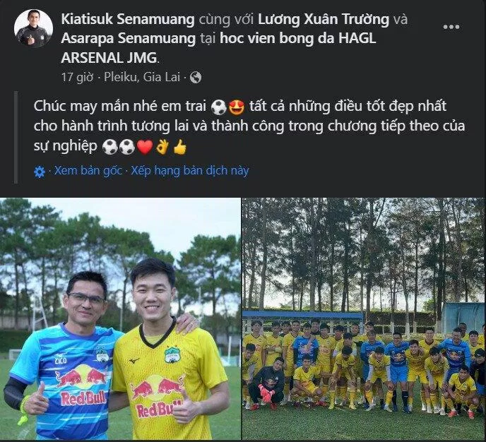 HLV Kiatisak viết dòng status như lời chia tay Xuân Trường kèm theo hình ảnh chụp cùng tiền vệ 26 tuổi này (Ảnh: Internet) HLV Kiatisak viết dòng status như lời chia tay Xuân Trường kèm theo hình ảnh chụp cùng tiền vệ 26 tuổi này (Ảnh: Internet)