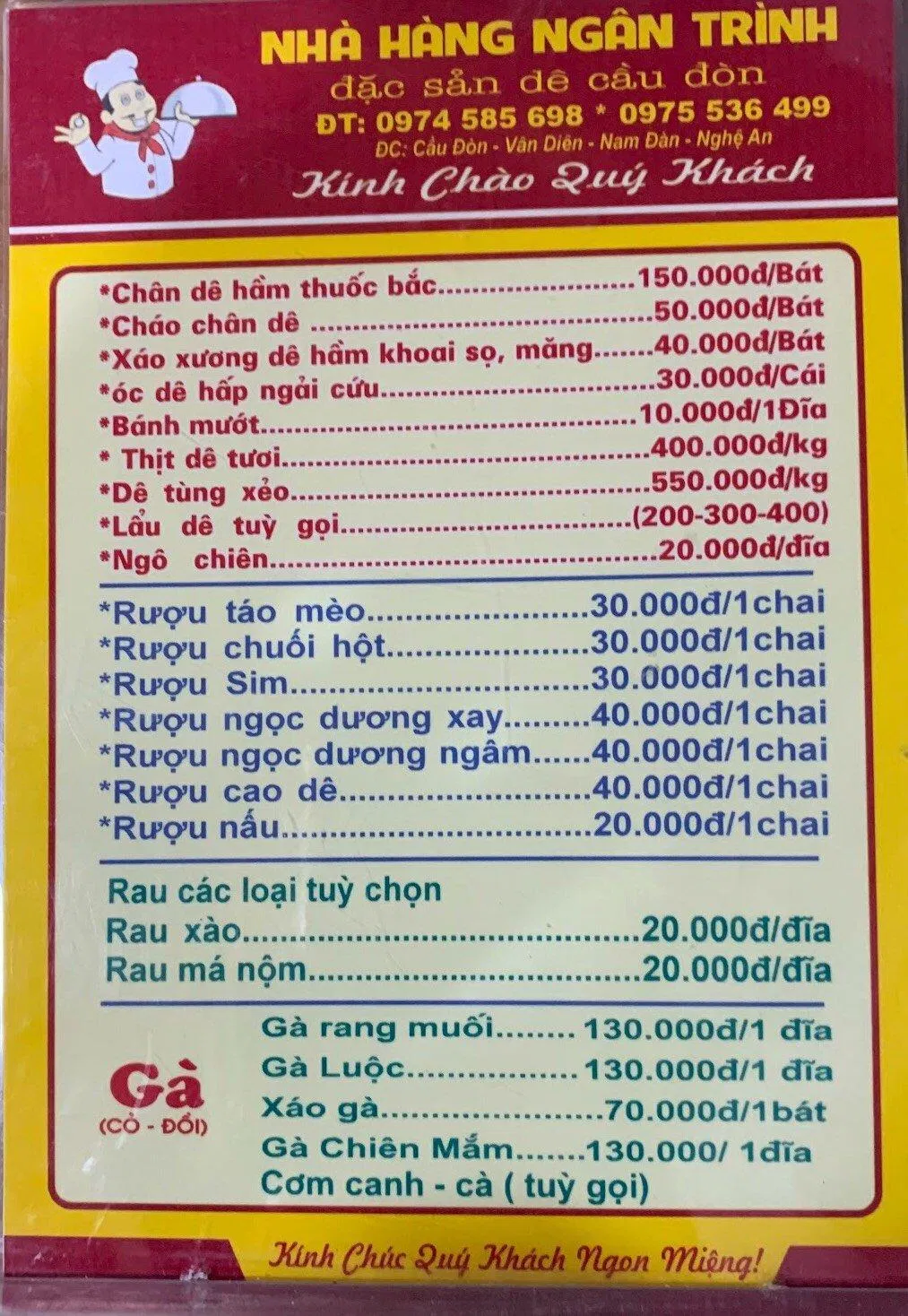 Thực đơn của quán. (Ảnh: Internet)