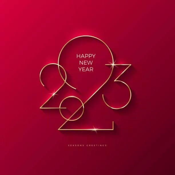 Golden 2023 New Year logo. Holiday greeting card. Vector illustration. Holiday design for flyer, greeting card, invitation, calendar, etc.