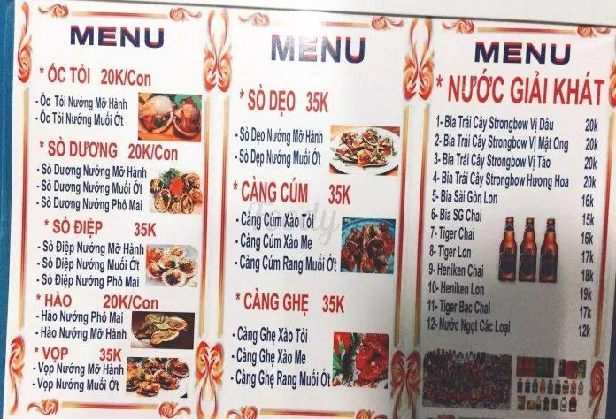 Menu quán Ốc bự với giá rất phải chăng - Ảnh: internet
