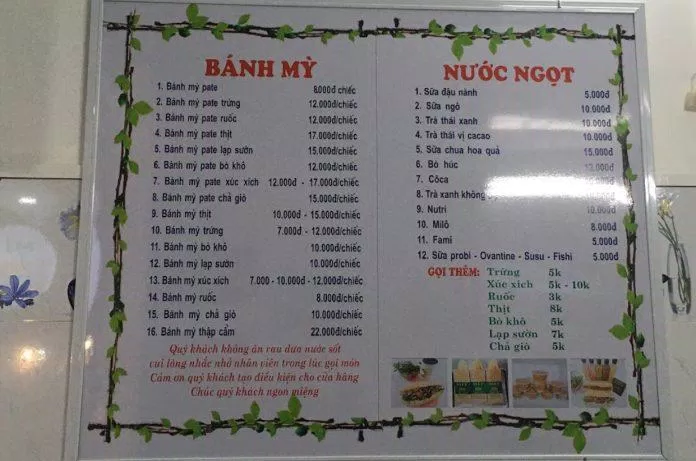 Thực đơn bánh mì của quán. (Ảnh: Internet)
