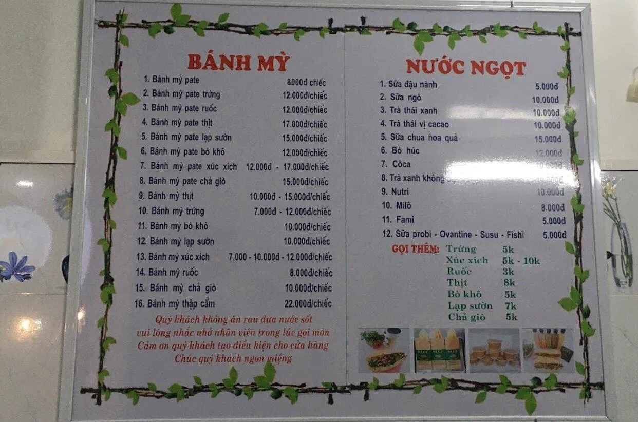 Thực đơn bánh mì của quán. (Ảnh: Internet)