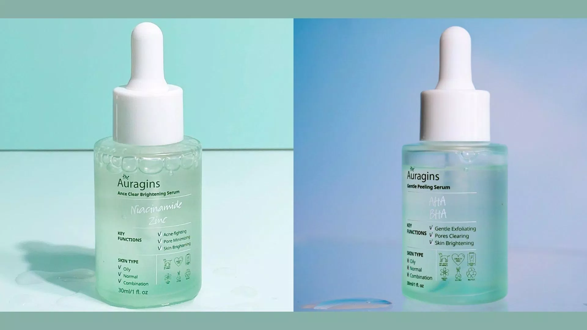 Bộ đôi serum The Auragins 7.5% AHA + 0.5% BHA Gentle Peeling và The Auragins 10% Niacinamide + 1% Zinc Acne Clear Brightening dành cho da dầu mụn, lỗ chân lông to. Nguồn: (BlogAnChoi)