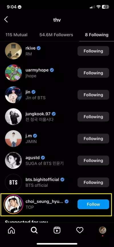 V BTS đã follow TOP BIGBANG trên Instagram. (Ảnh: Internet)