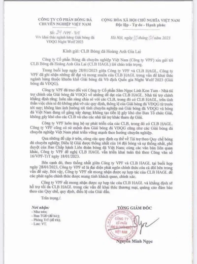 VPF có Công văn số 24 gửi đến HAGL (Ảnh: Internet)