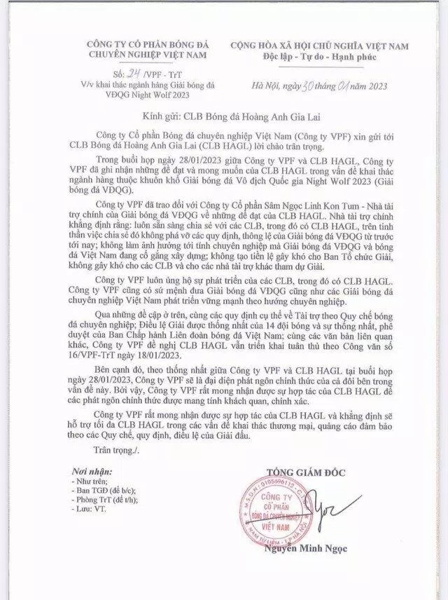 VPF có Công văn số 24 gửi đến HAGL (Ảnh: Internet)