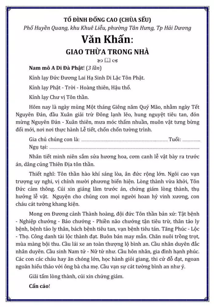 Văn khấn giao thừa trong nhà (Ảnh: Internet)