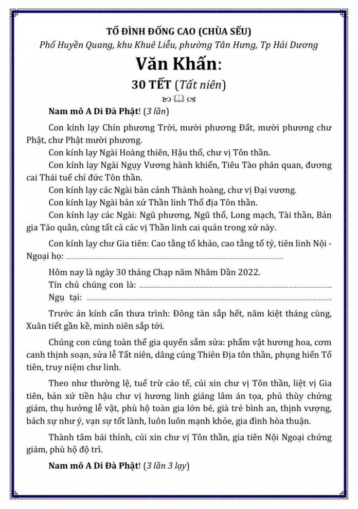 Văn khấn tất niên (cúng 30 Tết) (Ảnh: Internet)