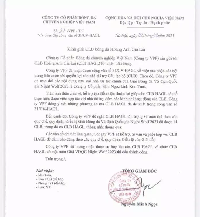 VPF đã có văn bản chính thức trả lời đội bóng phố Núi liên quan tới các vấn đề về nhà tài trợ (Ảnh: Internet) VPF đã có văn bản chính thức trả lời đội bóng phố Núi liên quan tới các vấn đề về nhà tài trợ (Ảnh: Internet)