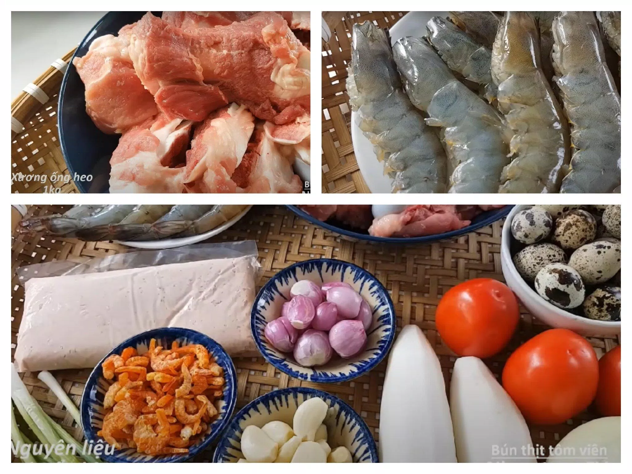 Nguyên liệu nấu bún thịt tôm viên.