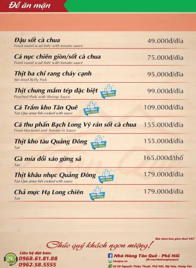 Thực đơn một số món ăn của nhà hàng. (Ảnh: Internet)