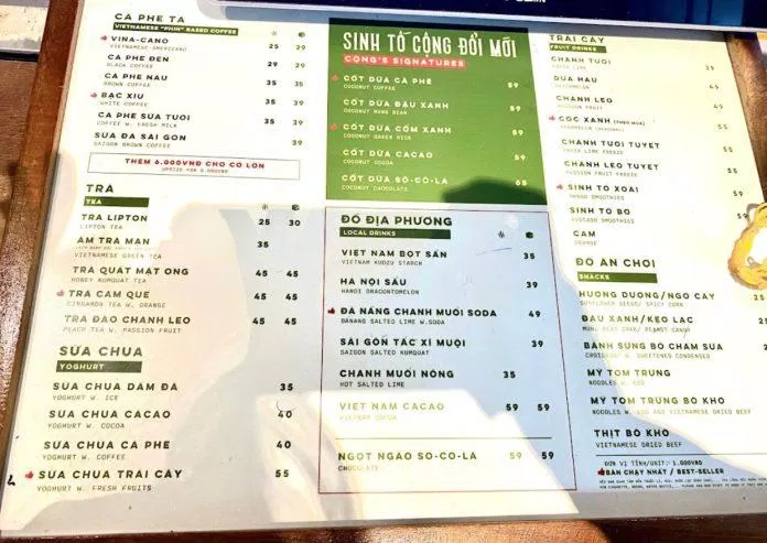 Menu của quán. (Ảnh: Internet)