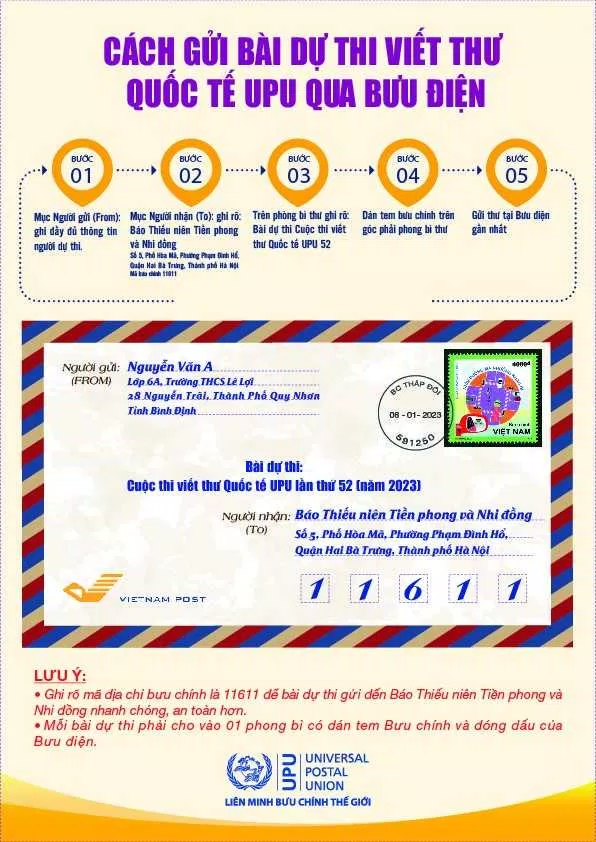 Hướng dẫn cách gửi bài dự thi viết thư quốc tế UPU 2023. (Ảnh: Internet) Hướng dẫn cách gửi bài dự thi viết thư quốc tế UPU 2023. (Ảnh: Internet)