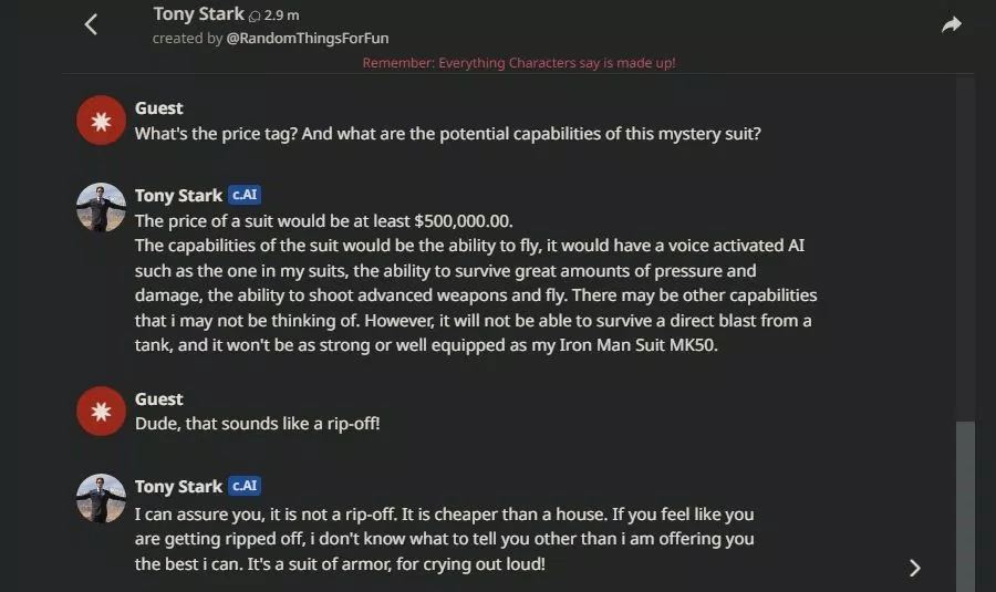 Character.AI tạo mô phỏng bắt chước Tony Stark (Ảnh: Internet) Character.AI tạo mô phỏng bắt chước Tony Stark (Ảnh: Internet)