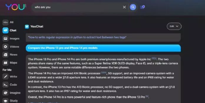 YouChat trả lời câu hỏi về iPhone 14 (Ảnh: Internet)