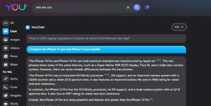 YouChat trả lời câu hỏi về iPhone 14 (Ảnh: Internet) YouChat trả lời câu hỏi về iPhone 14 (Ảnh: Internet)