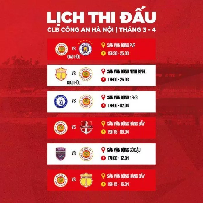 Lịch thi đấu của CLB Công an Hà Nội (Ảnh: Internet)