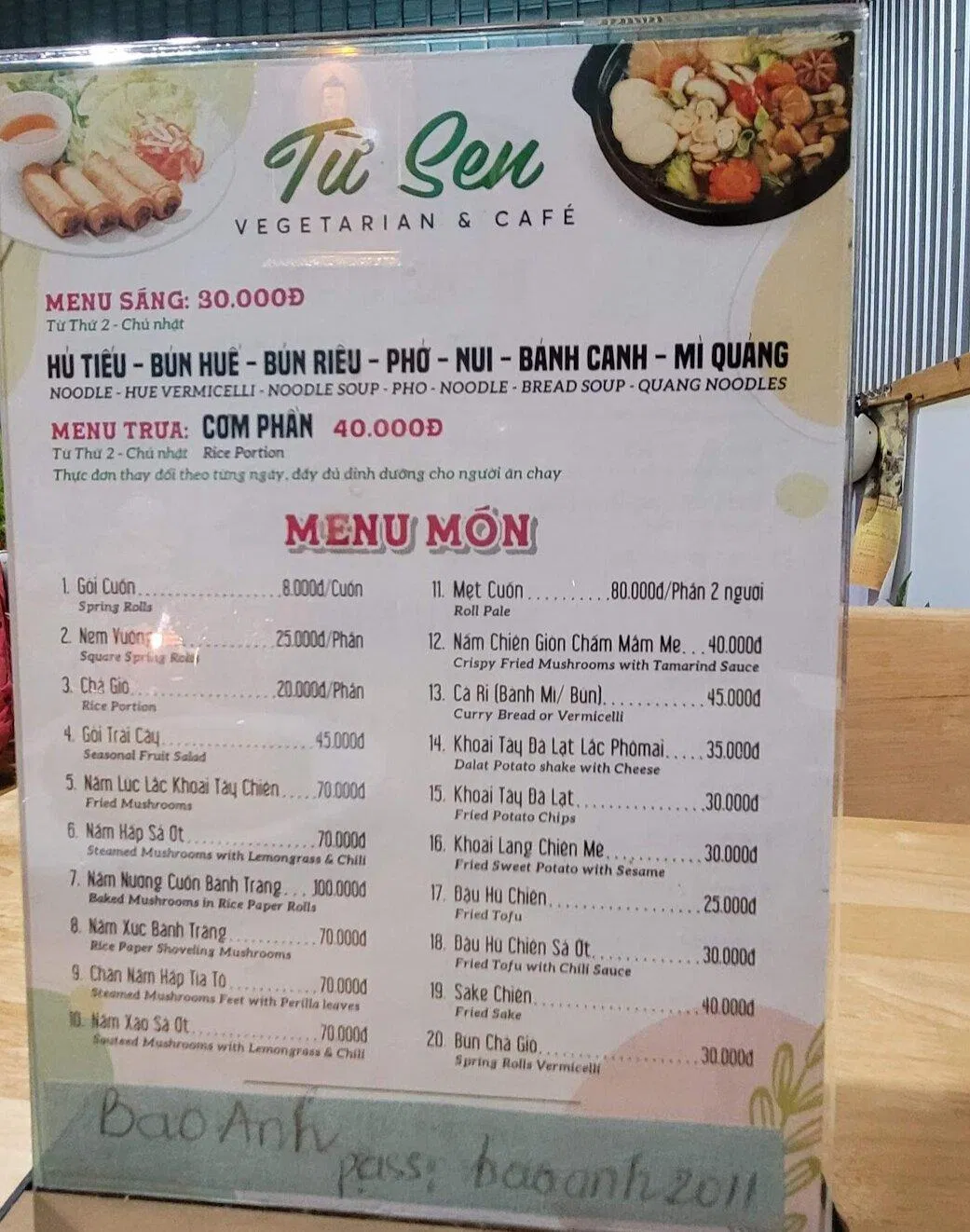 Thực đơn của quán. (Ảnh: Internet)