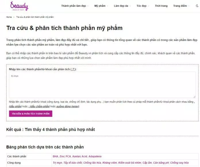 Hoặc tra cứu để tìm kiếm những thành phần mà da đang cần (trị mụn, lão hoá, dưỡng trắng...). Nguồn: Beaudy.vn