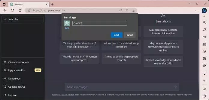 Cài đặt ChatGPT làm ứng dụng với trình duyệt Edge (Ảnh: Internet) Cài đặt ChatGPT làm ứng dụng với trình duyệt Edge (Ảnh: Internet)