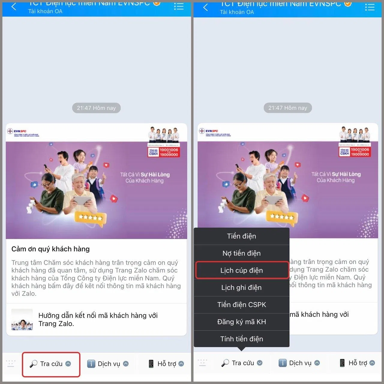 Cách tra lịch cúp điện trên ứng dụng Zalo (Ảnh: Internet)
