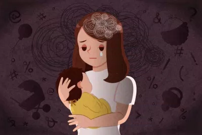 postpartum depression concept - mother feel depressed with baby with the dark background