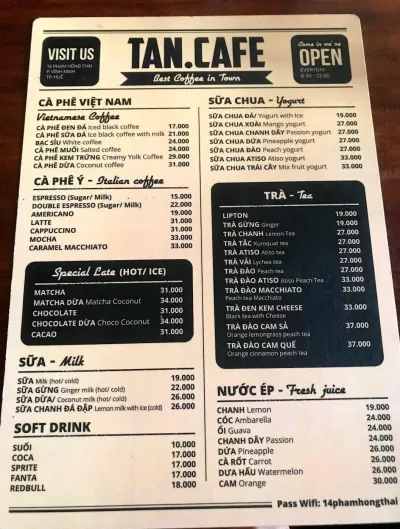 Menu của quán. (Ảnh: Internet)