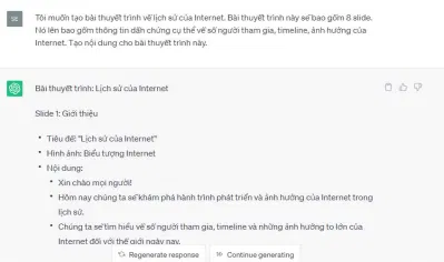 Tạo nội dung thuyết trình bằng ChatGPT (Ảnh: Internet) Tạo nội dung thuyết trình bằng ChatGPT (Ảnh: Internet)