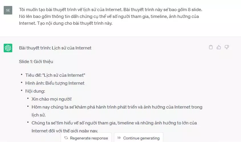 Tạo nội dung thuyết trình bằng ChatGPT (Ảnh: Internet)