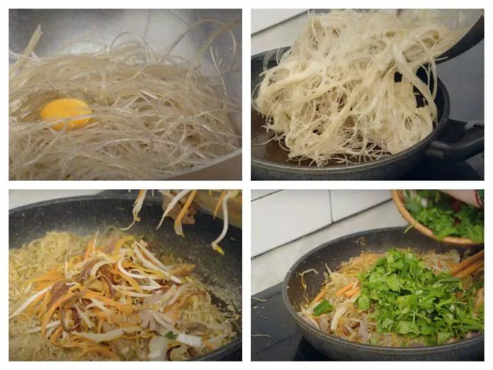 Xào miến với lòng gà và rau củ