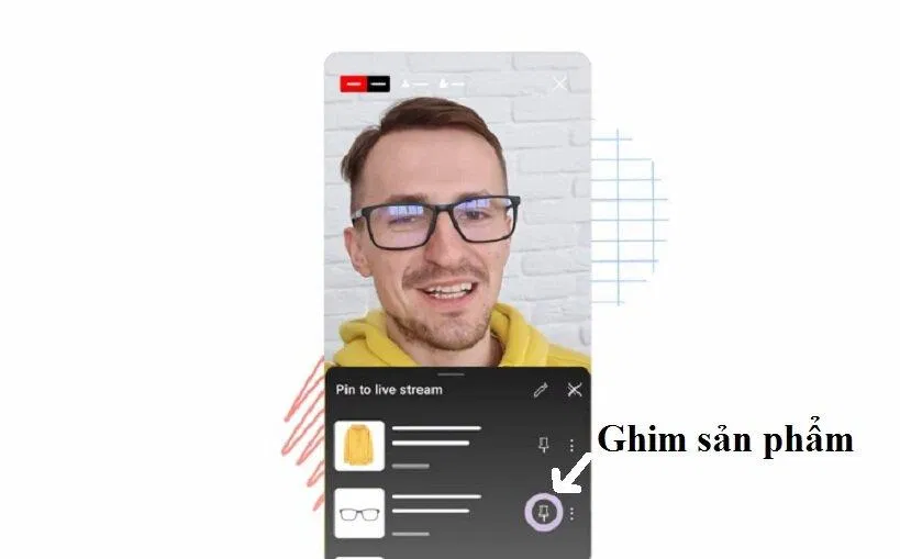 Nhấn nút để ghim sản phẩm trong livestream (Ảnh: BlogAnChoi)