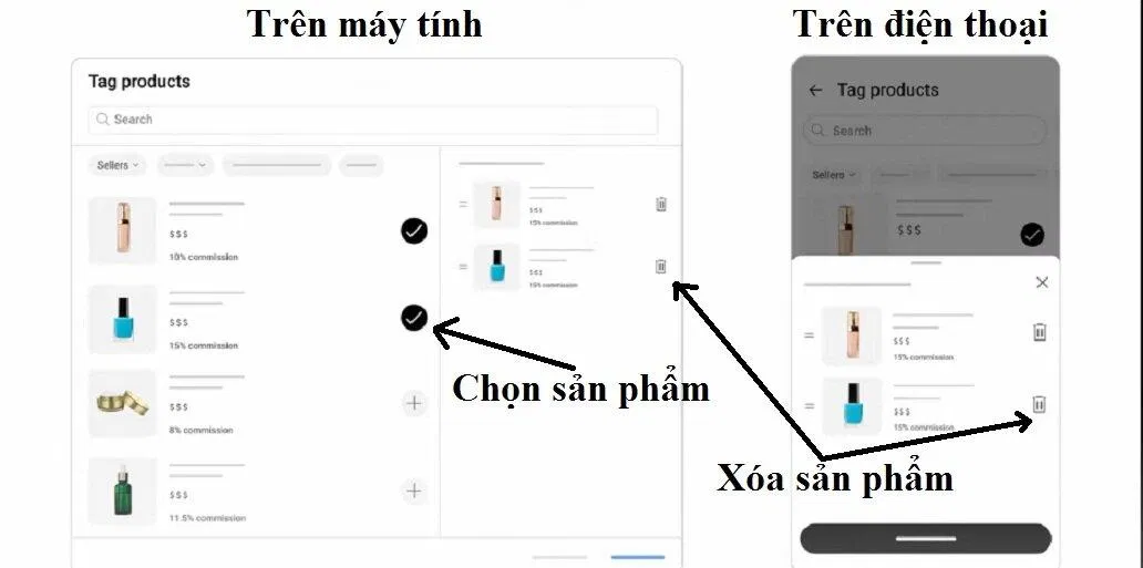 Chọn sản phẩm để tag vào video (Ảnh: BlogAnChoi)