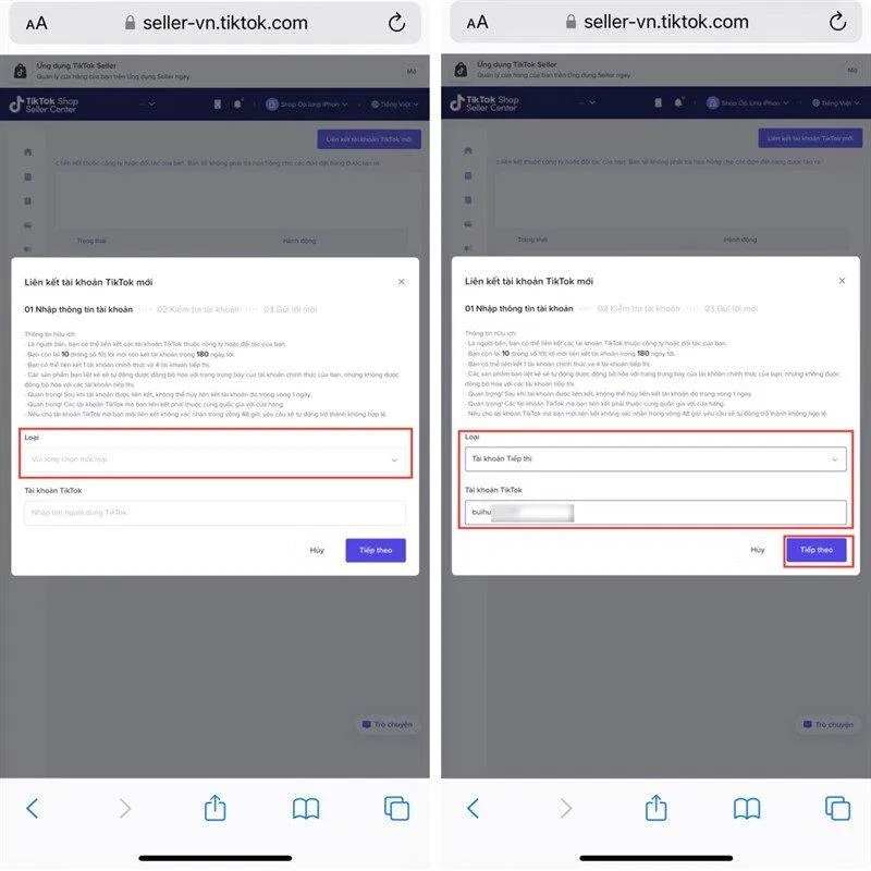 Cách liên kết TikTok Shop với tài khoản cá nhân (Ảnh: Internet)
