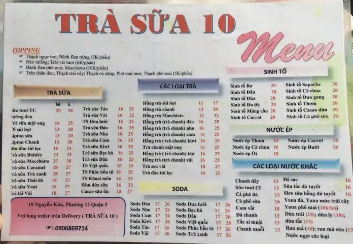 Menu trà sữa 10 (Ảnh: Internet)