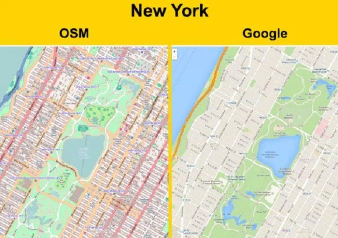 So sánh bản đồ của Google Maps và OSM (Ảnh: Internet)