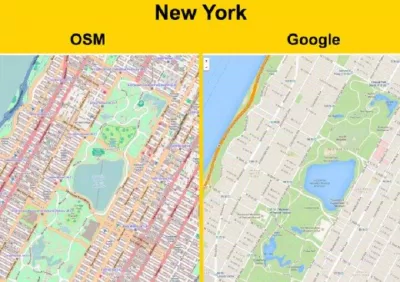 So sánh bản đồ của Google Maps và OSM (Ảnh: Internet) So sánh bản đồ của Google Maps và OSM (Ảnh: Internet)