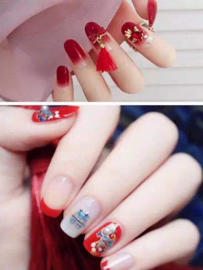 Mẫu nail cô dâu đỏ cho váy cưới truyền thống (Ảnh: Internet)