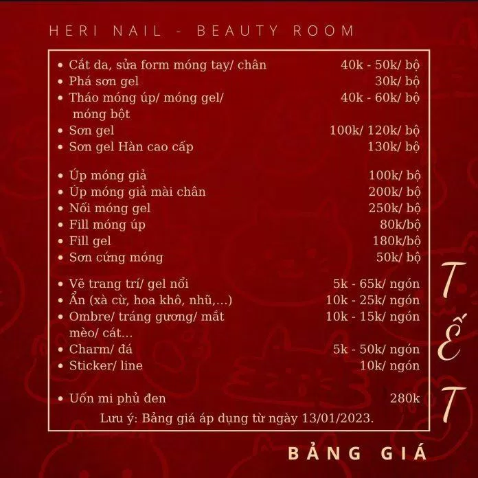Bảng giá dịch vụ tại Heri nail - Beauty room