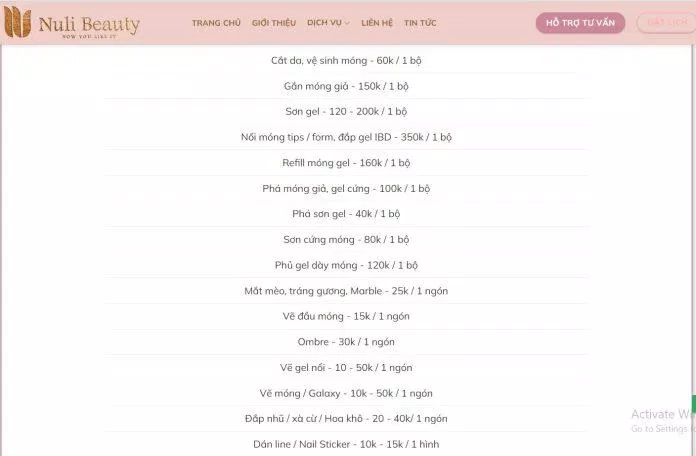 Bảng giá dịch vụ tại Nuli Beauty