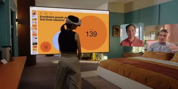 Kính Vision Pro giúp người dùng nói chuyện FaceTime và xem trình chiếu ở chế độ thực tế tăng cường (Ảnh: Internet) Kính Vision Pro giúp người dùng nói chuyện FaceTime và xem trình chiếu ở chế độ thực tế tăng cường (Ảnh: Internet)