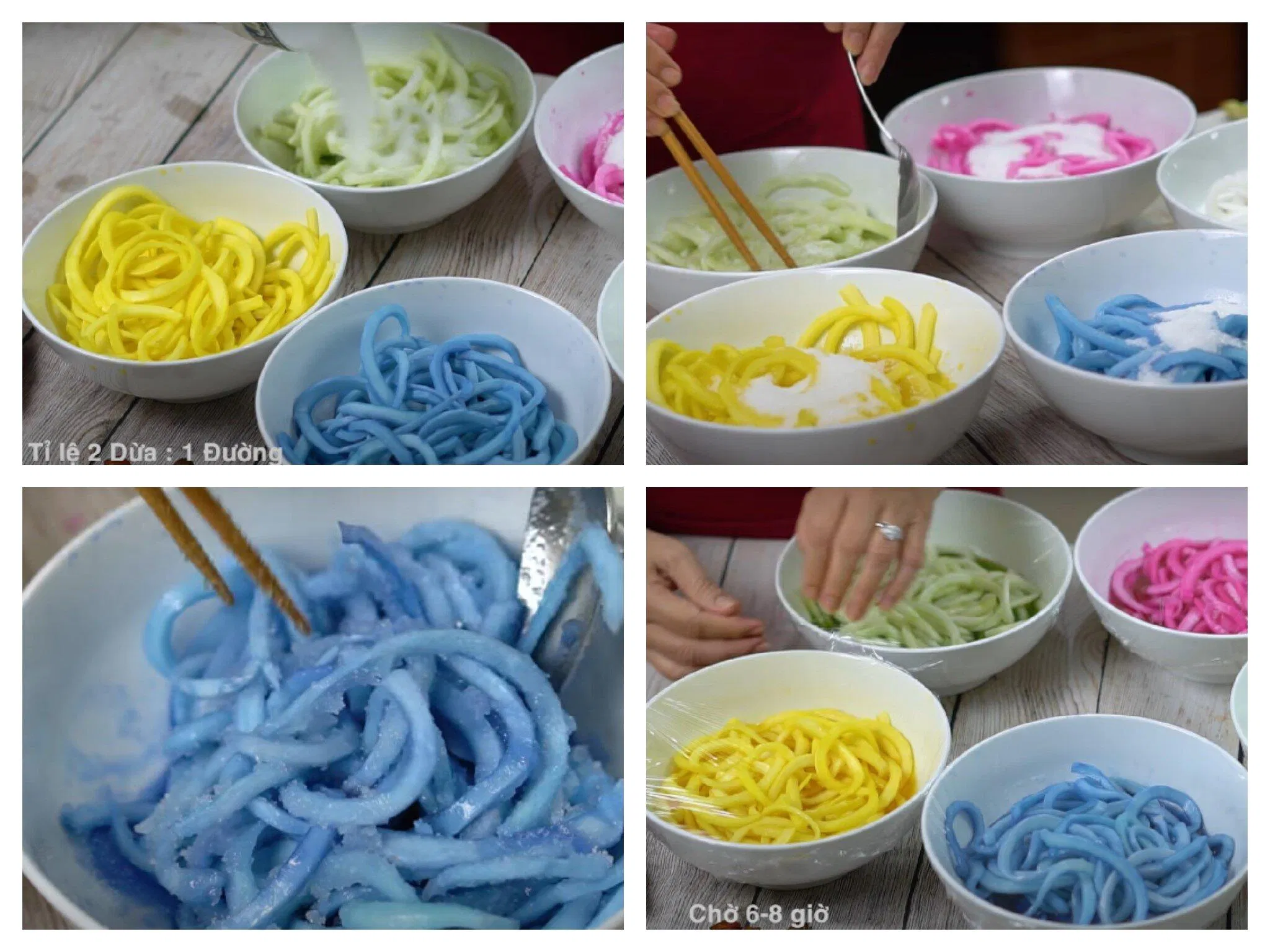 Ướp đường và để 6-8 tiếng cho đường ngấm hoàn toàn vào dừa