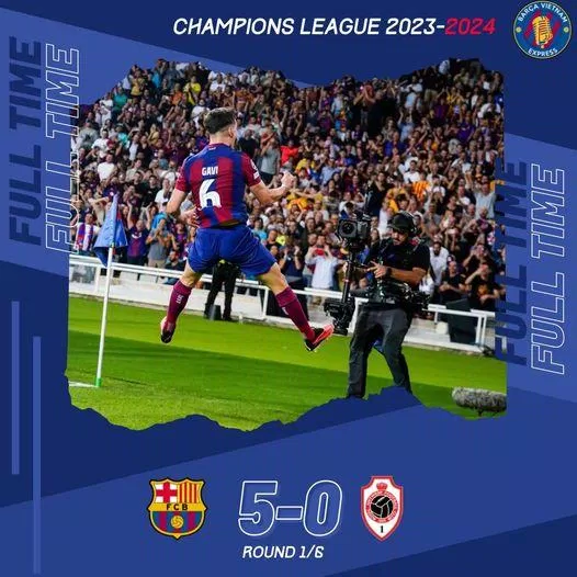 Barca có chiến thắng 5-0 tại C1, qua đó đang dẫn đầu bảng H (Nguồn ảnh: Facebook). Barca có chiến thắng 5-0 tại C1, qua đó đang dẫn đầu bảng H (Nguồn ảnh: Facebook).