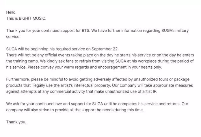 BIGHIT MUSIC thông báo về việc nhập ngũ của SUGA (BTS) (Nguồn: Internet)