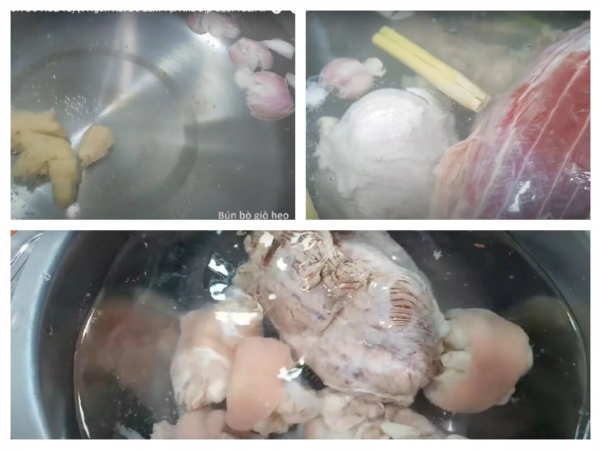 Chân xương và thịt bắp bò sau đó ngâm với nước lạnh