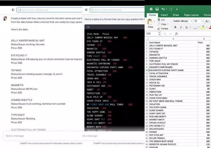 Dùng ChatGPT để chuyển văn bản thành dữ liệu cho Excel (Ảnh: Internet) Dùng ChatGPT để chuyển văn bản thành dữ liệu cho Excel (Ảnh: Internet)