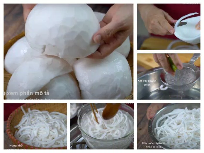 Cắt mỏng dừa ngâm với nước chanh, trụng sơ và hong khô