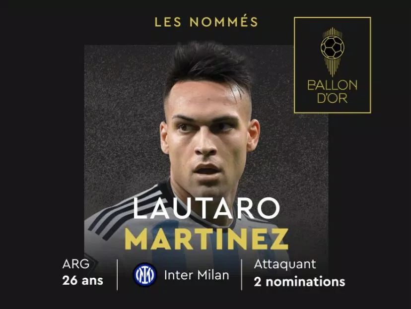 Lautaro Martinez, tiền đạo gặt hái thành công ở cả 2 màu áo cũng được góp tên (Ảnh: France Football)