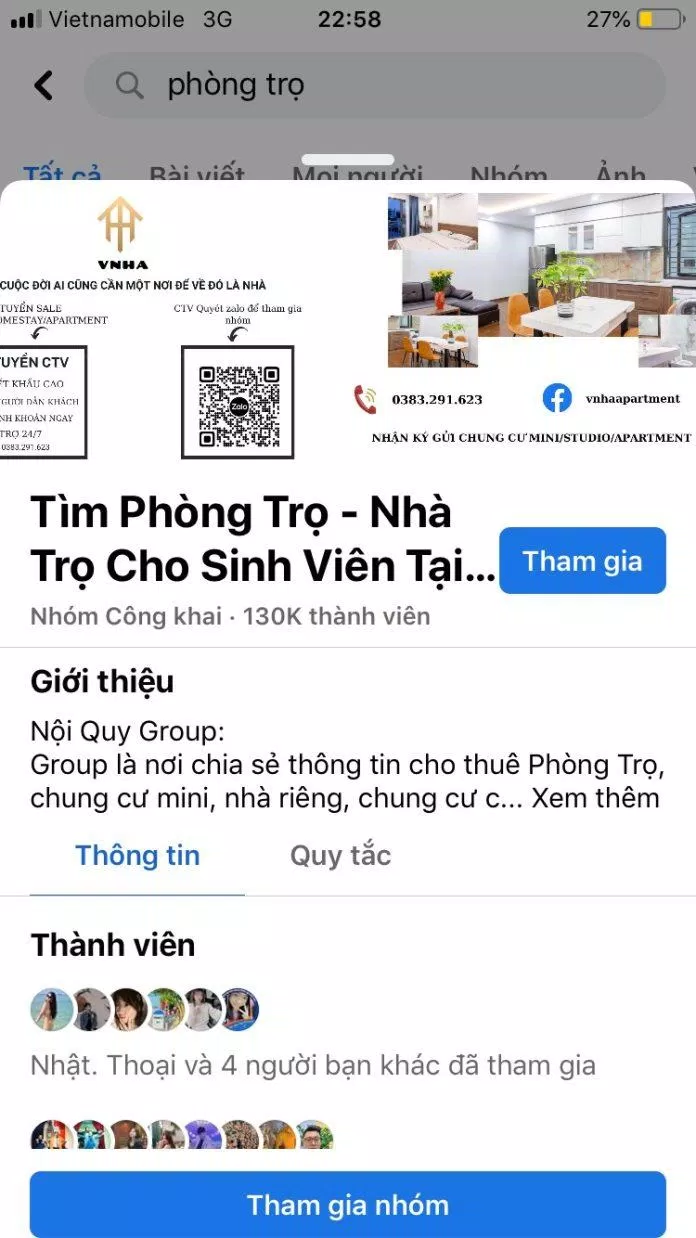 Các nhóm phòng trọ có thể tham khảo trên Facebook (Nguồn: Internet) Các nhóm phòng trọ có thể tham khảo trên Facebook (Nguồn: Internet)